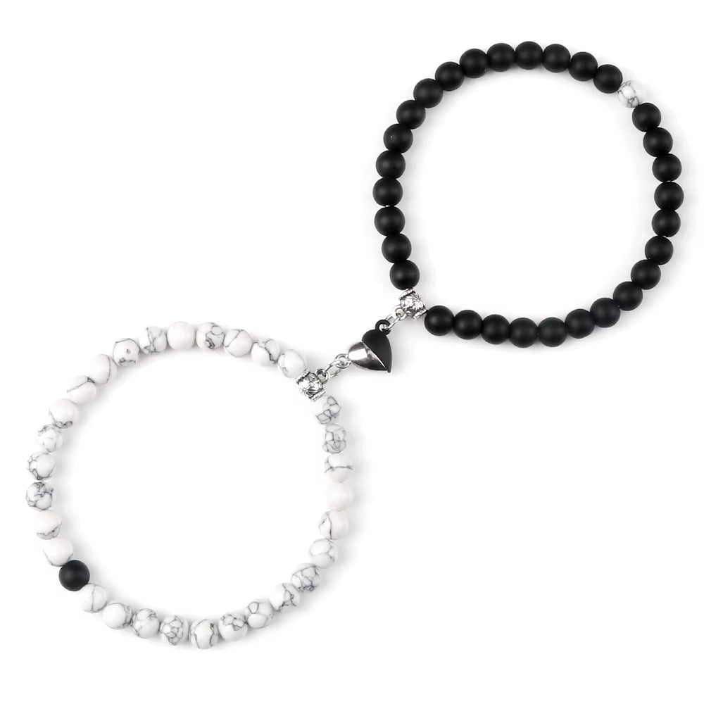 2 Pcs/Set Natural Stone Beads Bracelets Couples Fashion Black White Heart Magnet Connected Stretch Bangles for Women Men Jewelry